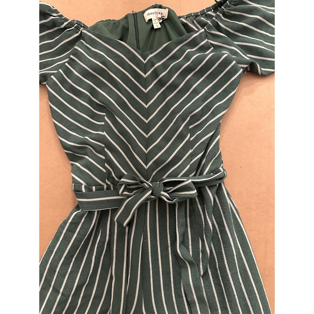 Monteau Womens Green Striped Off Shoulder Wide Leg Jumpsuit Size S Belted Lined - Picture 3 of 11